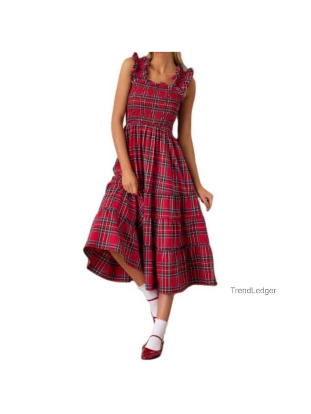 Sleeveless Plaid Midi Dress Square Neck Ruffle Hem A-Line Casual Christmas